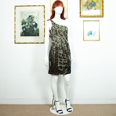 Vintage 1990s Black Gold Lace Sequin Mini Dress One Shoulder Size S UK 8 