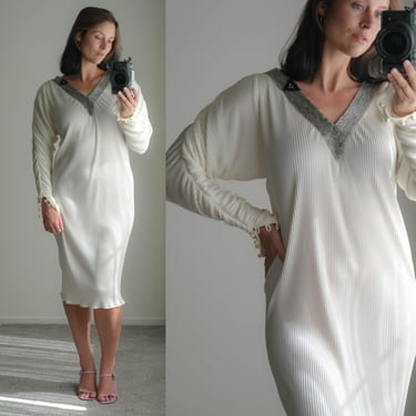 Vintage 80s Cream Accordion Pleated Shimmering V Neck Dress w/ Metallic Beaded Neckline & Billowing Sleeves | 1980s Designer Ethereal Dress 