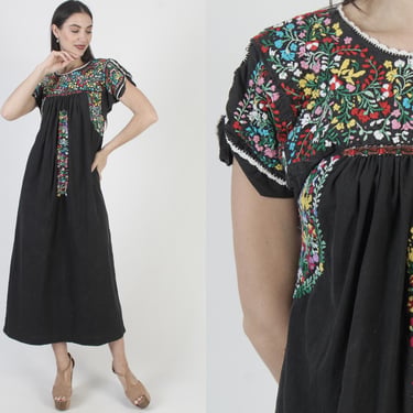 Black Oaxacan Dress, Embroidered Mexican Sundress, San Antonio Puebla Kaftan 