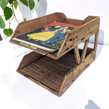 Vintage Desk Organizer Retro 1970s Bohemian + Bamboo and Rattan + Two-Tiered + Desktop Organization + Paper/Document Storage + Office Decor 