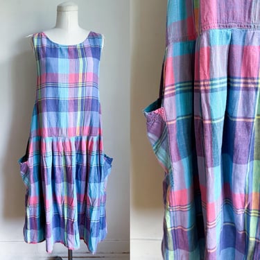 Vintage 1980s Madras Plaid Tank Dress / M 