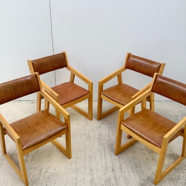Midcentury Wood Framed Cognac Vinyl Armchairs / Set Of 4