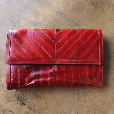 Eel Skin Clutch , Red Brown Leather Handbag , Vintage Women's 70's Purse 