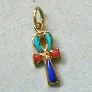 Vintage 18K Gold Ankh Charm, Old 18K Gold Ankh Charm With Turquoise, Coral and Lapis, Gold Luck Talisman, Good Luck Charm (#4665) 