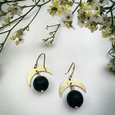 Brass Moon Earrings with Black Lava Stone: Mystique Statement Jewelry 