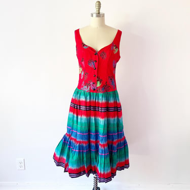 SIZE S 1980s Emmanuel Ungaro Paris Strawberry Print Dress / Festive and Colorful Summer Cotton Dress with Pockets Block Print 