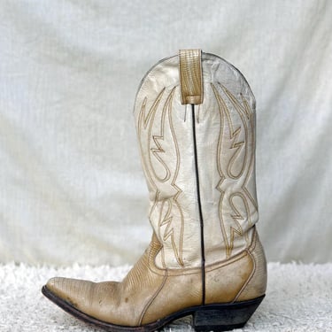 Vintage Cream Cowboy Boots Reptile-Style Leather Western Boots Pointed Toe Cowgirl Boots Unbranded Women’s 10–11 