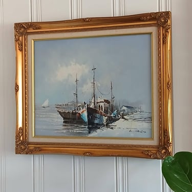 Vintage Nautical Sailboats Oil Painting L. Sallas in Ornate Gold Frame 