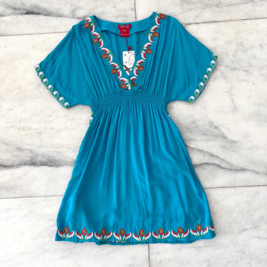 Vintage Dislay Paris Dress Mini Coverup Embroidered Cotton Turquoise Boho Womens M NWT 