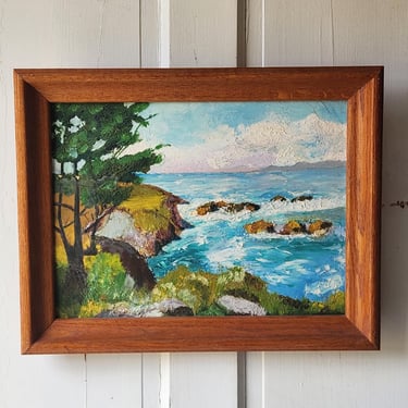 Original landscape oil painting Ocean Scene California coast shore signed vintage 1950s Impressionist 