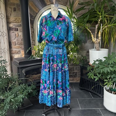 Vintage 1980s Blue and Pink Full Ruffled Skirt Floral Button Front Cotton Dress Together! India 