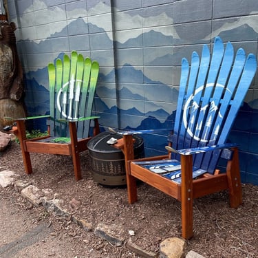 Set of 2 - Blue Mountain and Green Forest Ski Chairs, Band Painted With Oil On Recycled Skis, Ski Chair, Hand Crafted, Repurposed materials 