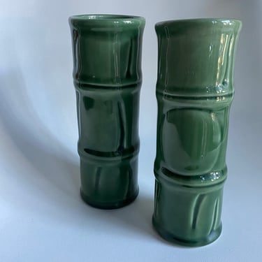 Set of two Libby green bamboo ceramic vases 
