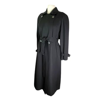 Vintage 90s Jones NY USA Black 100% Wool Trench Coat Jacket Belted Size 6 Petite 