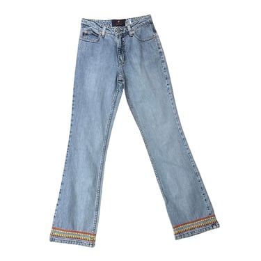 1990s Fiorucci Safety Jeans / High Waist / Rick Rack colorful way stripe trim / size 1/2  Decorative Trim XS 