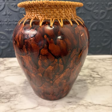 Brown Vase with Bamboo Wicker RIm