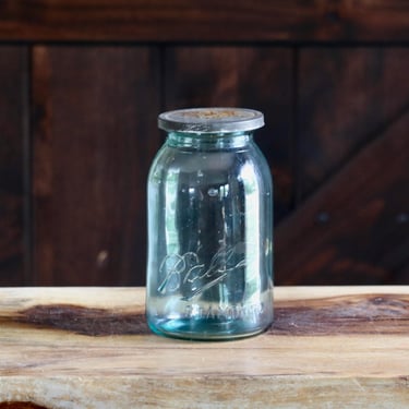 Vintage Standard Ball Jar, Retro Kitchenalia, Aqua Glass Jar with Tin Lid (OXIDATION), Gift for Collector, Grannycore Kitsch, MFG FLAW! 