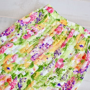 Vintage 80s Pastel Floral Skirt, Satin Pleated, High Waisted, Watercolor, Cottagecore, Romantic, Fairy, 1980s, Midi 