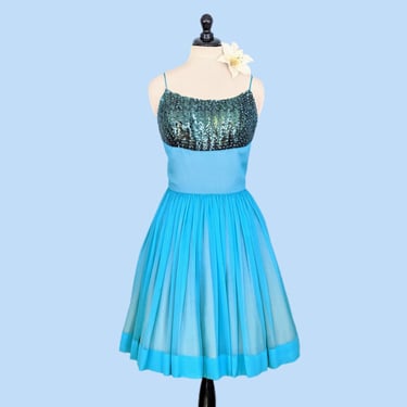 Vintage 60s Sequined Chiffon Party Dress, 1960s Full Skirt Cocktail Dress 