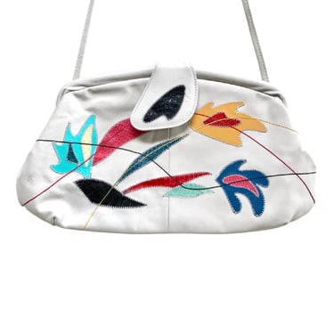 Vintage 1980s Bone Leather Convertible Clutch to Shoulder Bag, 80s New Wave Colorful Abstract Snakeskin Appliqué, VFG 