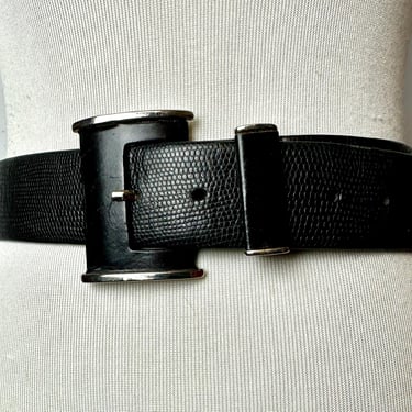90’s Black leather belt with silver~ wide dress belt~ large buckle vintage 1990 trend by Mondi made Germany~ size M 28” up to 31” waist 