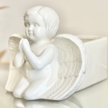 Vintage White Ceramic Cherub Planter: Farmhouse Chateau Cottage Decor 