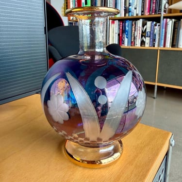 Vintage Hand Blown Glass Genie Bottle Decanter Amethyst Purple Iridescent Luster Etched Floral Globe Vase 