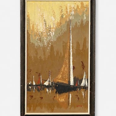 Jacques Henri Guyot French Mid-Century Modern Harbor Scene Oil Painting w/ Sailboats, c.1960’s 