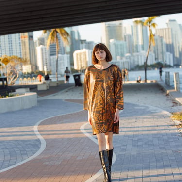 80s Rust Orange Abstract Print Textured Sweater Dress Vintage 1980s Stretch Grid Knit Long Sleeve Oversize Dress 
