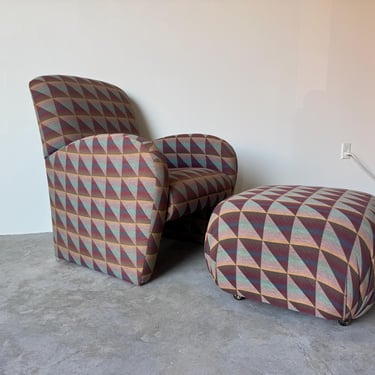 1980s Postmodern Hekman Dansen Contemporary Geometric Upholstered Lounge Chair with Ottoman 