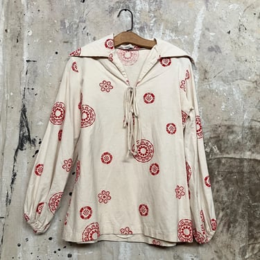 1960s Cotton Hippie Tunic Floral Flock Print Mardi Gras New York Label Linen Cotton 