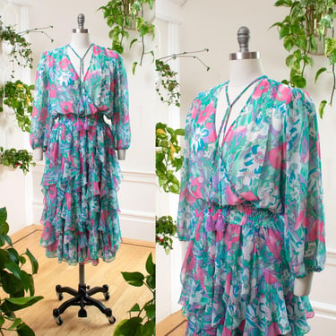 Vintage 1980s Dress | 80s DIANE FREIS Georgette Handkerchief Floral Silky Midi Maxi Tea Dress | small/medium/large 