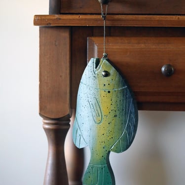 Vintage Wooden Hanging Fish on Rope | Hand Painted Folk Art Fish | Nautical Cabin Wall Decor | Coastal Lake House Accent 