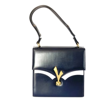Vintage 60s/70s Navy/White Handbag In Smooth Navy Faux Leather Adjustable Handle 