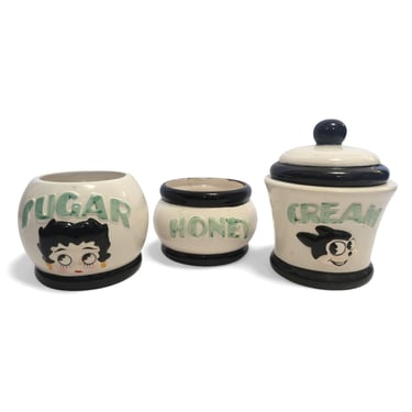 Vintage Betty Boop Sugar Bowl, Bimbo the Dog Creamer, Ceramic Honey Pot Kitchen Set 1990s 