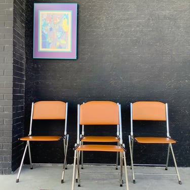 Cognac Vinyl & Chrome Folding Chairs / Set Of 4