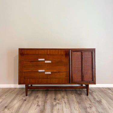 Merton Gershun Accord Credenza, American of Martinsville Walnut Buffet, Mid Century Cane Door Sideboard 