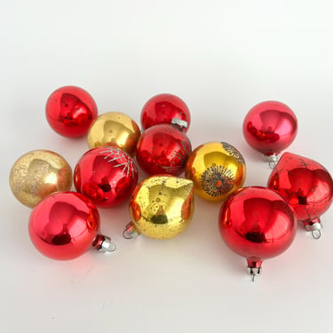 VINTAGE GLASS ORNAMENTS, Red Gold Pink, Set of 12, Assorted Glitter Frosted, Retro Holiday, Mid Century Christmas Tree, 