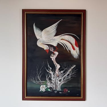 1970s Vintage Surrealist Bird & Tree Oil on Canvas Painting, Framed, Signed B.D.C. 