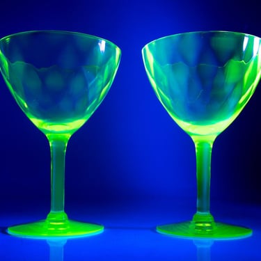 Vintage Uranium Glass Cocktail Glass, Optic, Stemmed, Set of Two 