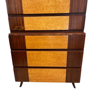 Art Deco Mahogany & Burl Maple  Highboy Dresser by R-Way, c. 1947