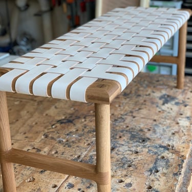 Custom white oak bench with natural leather 