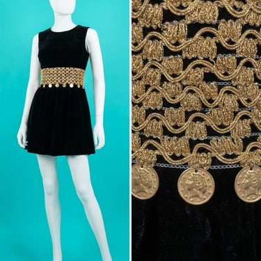 Vintage 1960s/70s Black Velvet Gogo Mini Dress With Gold Coin Accent Size XS 