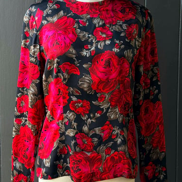 Vintage Carlisle Black and Red Rose Print Long Sleeve Blouse - Size S
