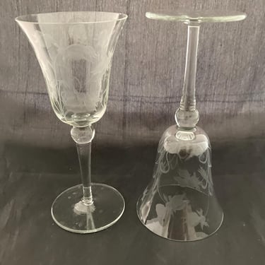 Set of 2 Vintage Floral Etched 6OZ Crystal Wine Water Goblets, Lily of the Valley 
