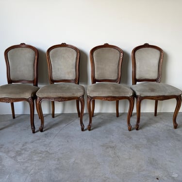 1970s Italian French Provincial Louis XV-Style Carved Wood & Suede Dining Chairs – Set of 4 