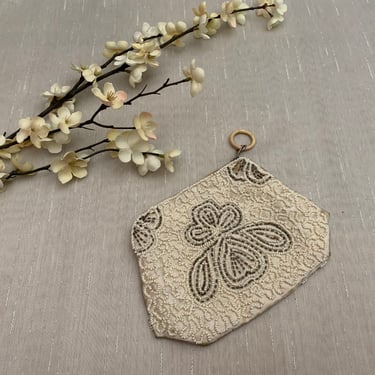 Vintage 1960s Ivory and Silver Bead Zippered Ring Wristlet Bridal Purse, Vintage Clutch, Vintage Wedding Purse 