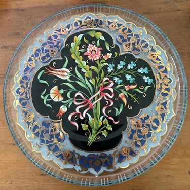 Paşabahçe Hand-painted Glass with Gold Enamel Floral Design 8.5” Decorative Plate 