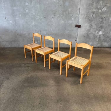Vintage Solid Beech + Woven Cord Seat Dining Chairs, Made In Yugoslavia
