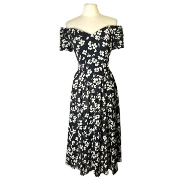 Vintage 90s Karin Stevens Cottagecore Soft Goth Grunge Black White Sweetheart off Shoulder Midi Dress Size 12 